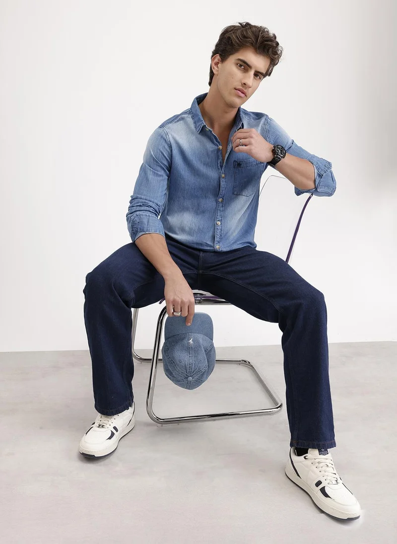 روجن Slim Fit Faded Denim Shirt  | Blue